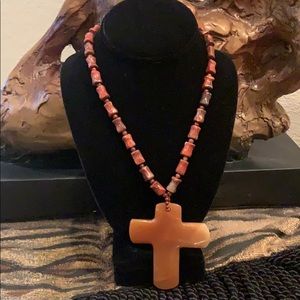 Carnelian Cross Beaded 18” Necklace SS Clasp